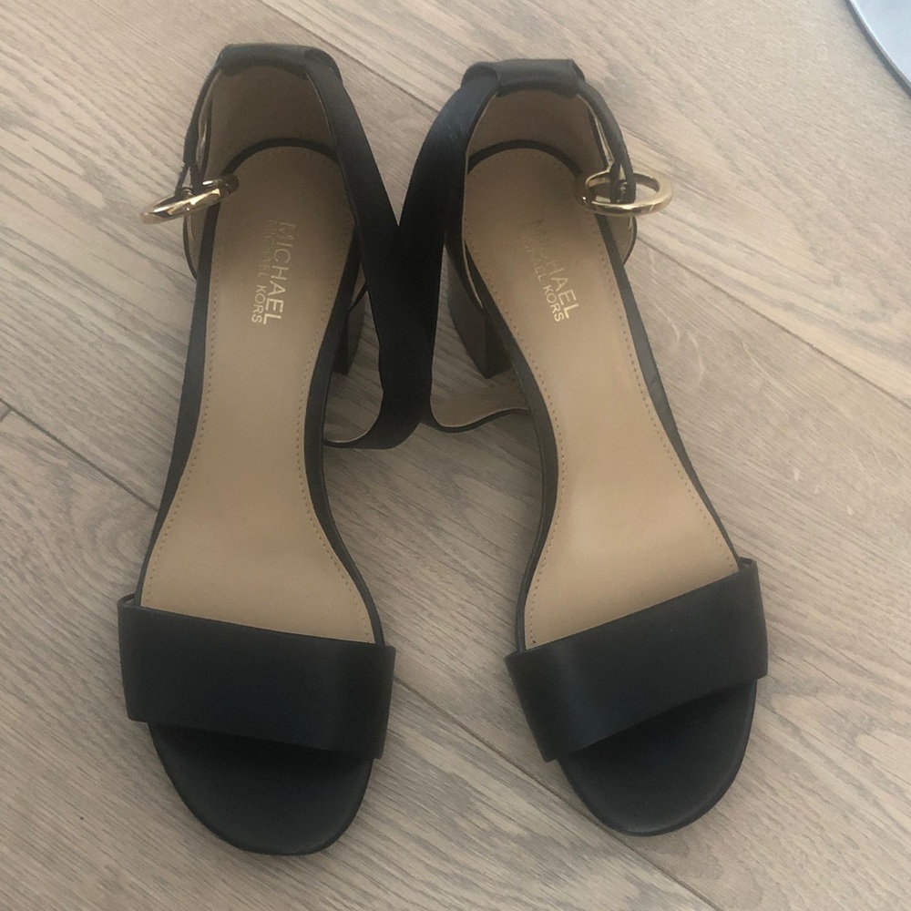 MICHAEL Michael Kors Black Open-Toe Block Heel Sandals with Gold Buckle